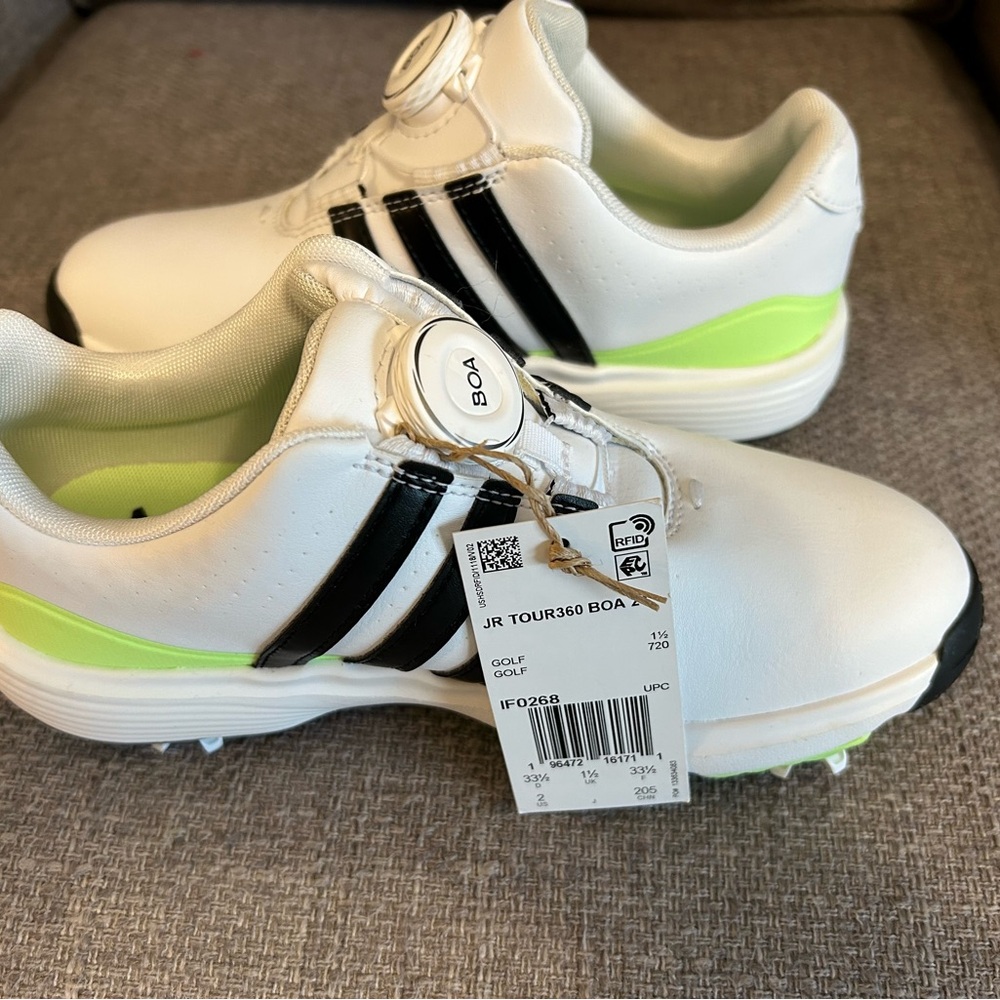 Adidas White and Black Golf Shoes with Neon Accents. US size 2. Brand New
